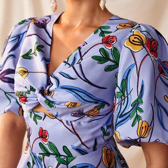 Purple Boho Womens Foral Prints Front Twisted Wrap Cut Out Back Detail Dress - Picture 7 of 8